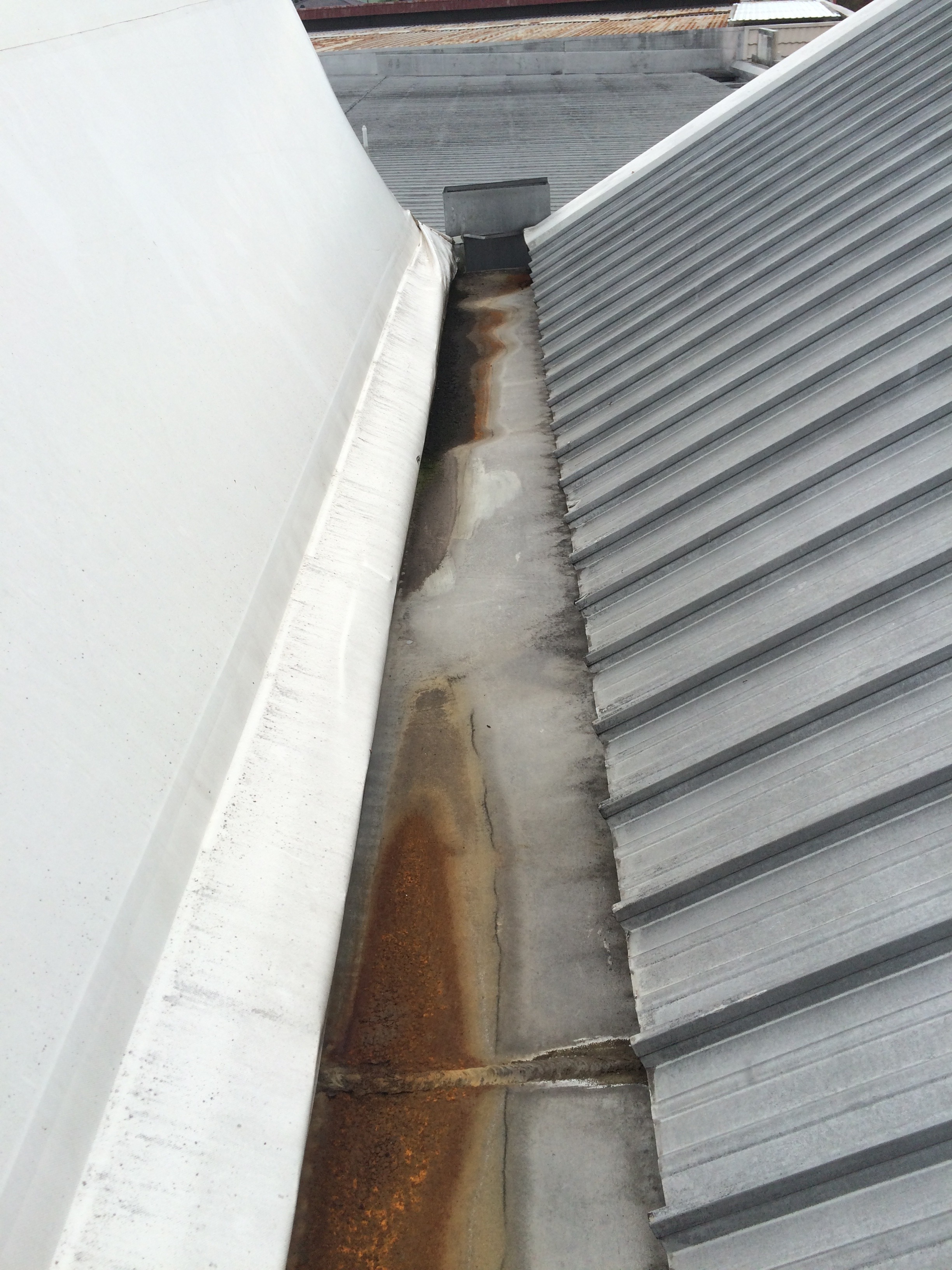 Box gutter with stagnant water and rust