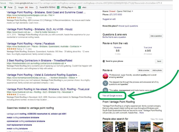 Screenshot of Vantage Point Roofing Google listing